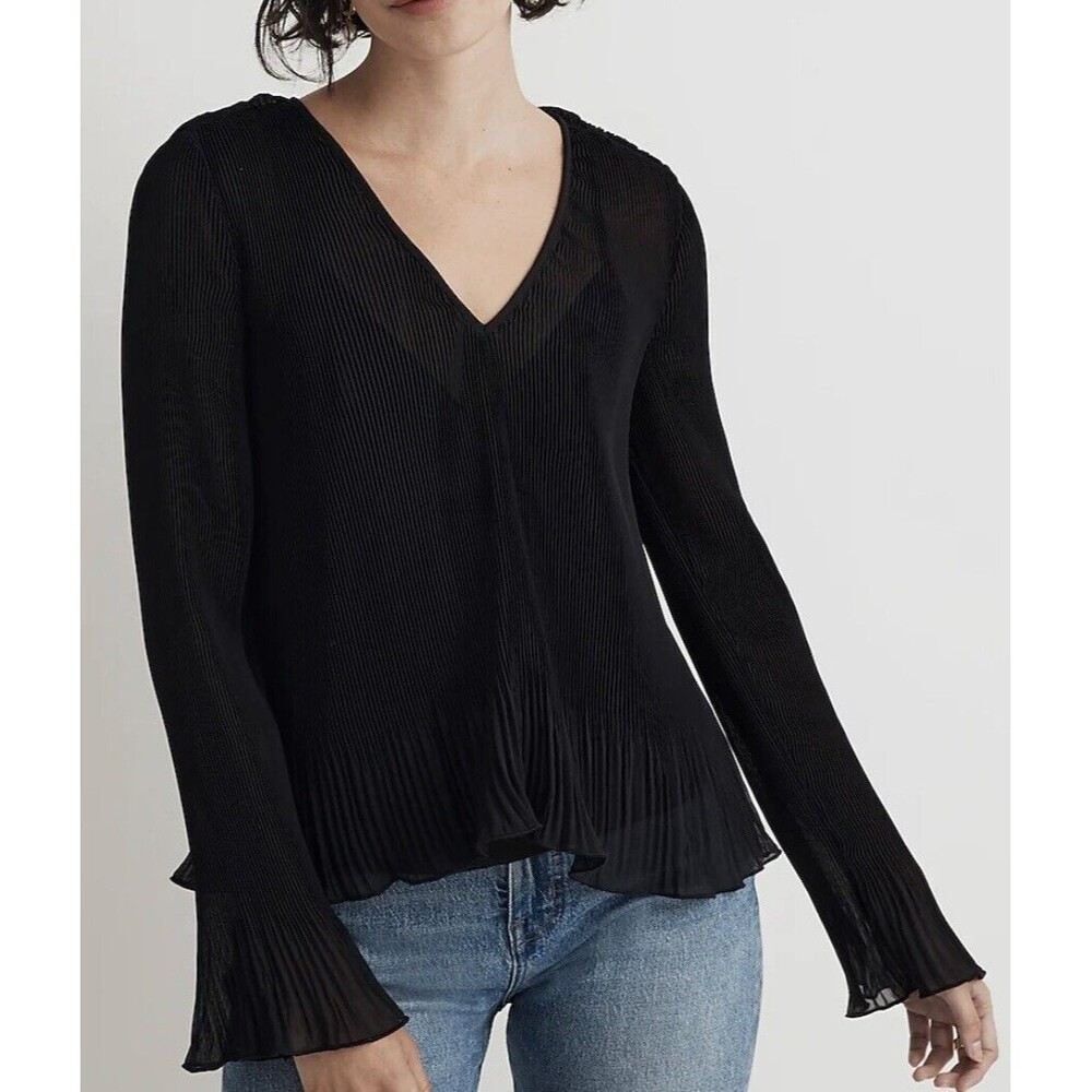 MADEWELL Black Lightweight Pleated Flare Long Sleeve Top Women's XS NWT